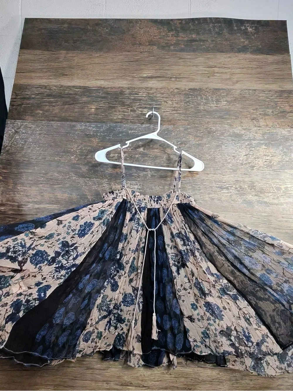 Free People Beige and Black Floral Tank with Tassel Tie